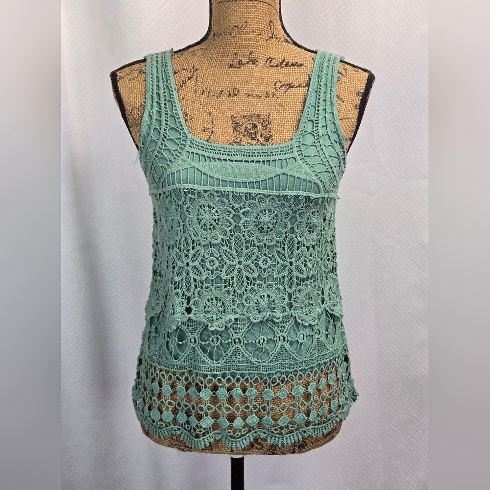 Pins and Needles Crochet Overlay Square Neck Tank Top Sz S Light Teal